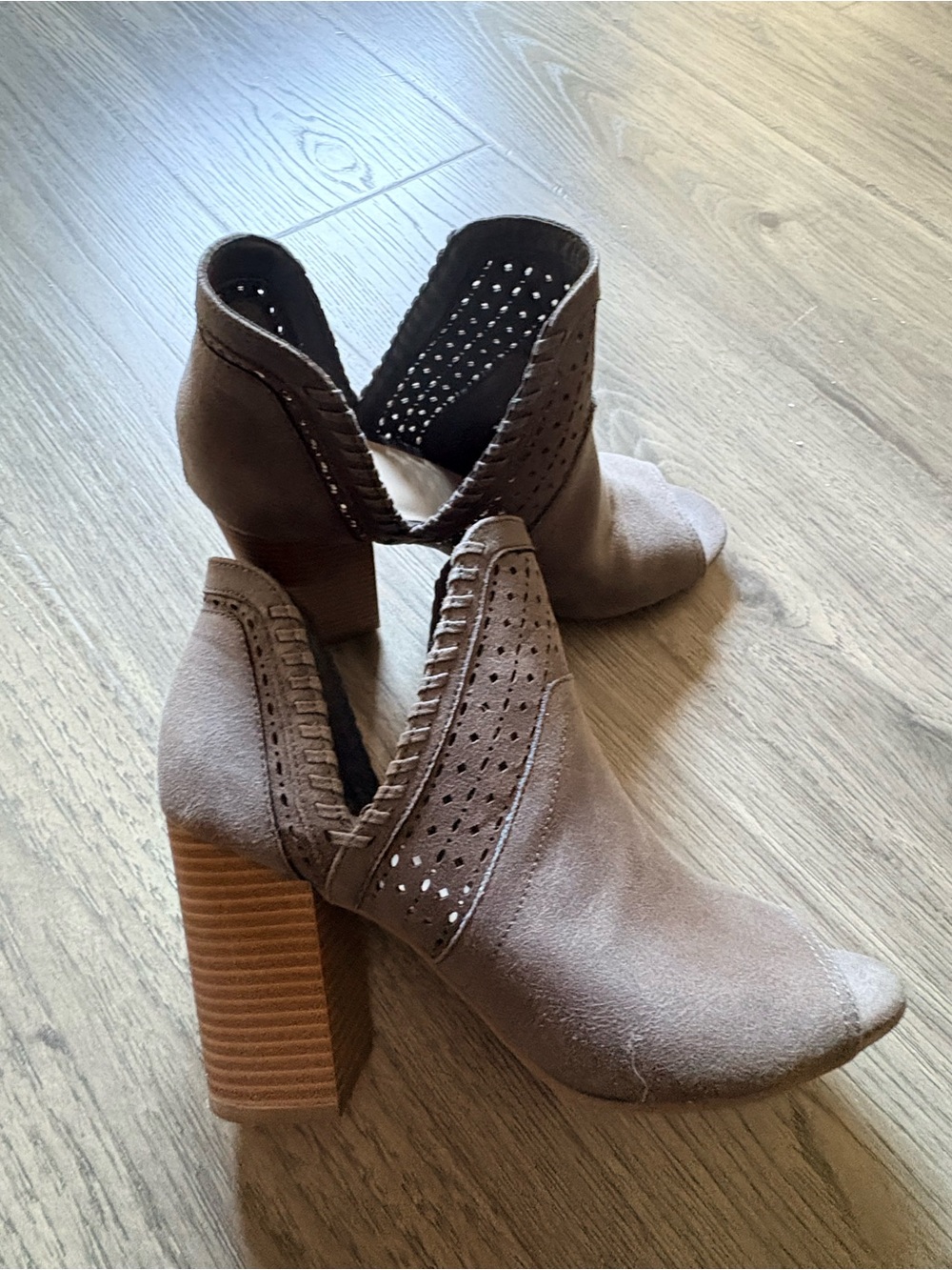 Fergalicious Gray Open-Toe Stacked Heel Booties